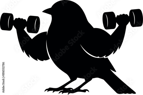 Muscular bird lifting dumbbells silhouette
