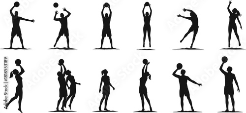 Basketball player silhouettes, dynamic sports action, shooting jumping dribbling, ball game illustration, athletic teamwork, competitive match design, recreation activity, flat vector