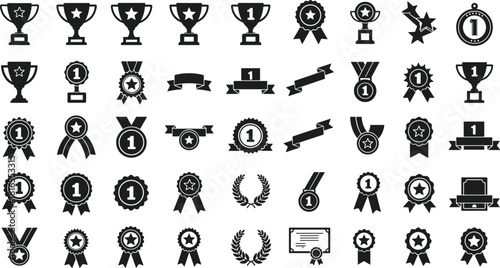 Award icons collection, trophy, medal, ribbon, badge, certificate, laurel, podium, star, number one, achievement, recognition, success, winner, champion