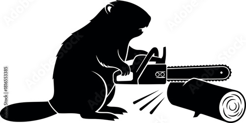 Beaver with chainsaw cutting log silhouette
