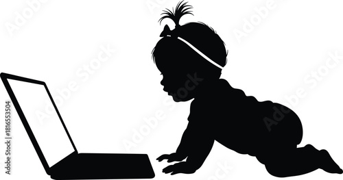 Baby silhouette, crawling baby icon, laptop icon, child technology icon, digital generation icon, modern childhood icon, tech baby icon, computer icon