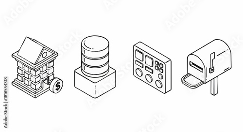 A versatile collection of isometric line art icons representing business finance, data servers, user interfaces, and digital mail