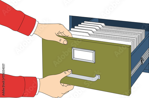 Hand opening a file cabinet drawer filled with documents, symbolizing data archiving, office organization, record keeping, important information storage, and business workflow.