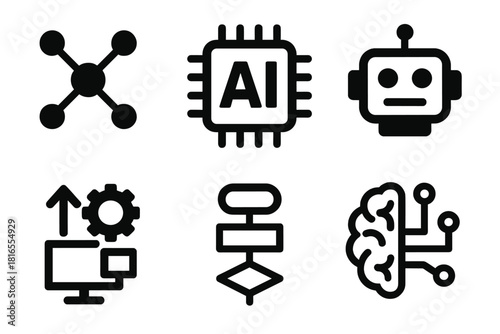 AI Icons Collection. AI Systems silhouette icon set. neural network, AI processor chip, robot head, machine learning icon, algorithm flowchart, brain circuit.