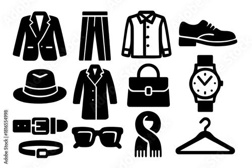 Brutalist Wardrobe Icons. Timeless Closet silhouette icon set: blazer, trousers, shirt, shoes, hat, coat, bag, watch, belt, scarf, sunglasses, hanger