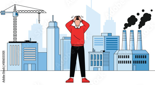 Man Suffering from Stress and Anxiety due to Air Pollution, Environmental Crisis, Industrialization, and Rapid Urban Development Vector Illustration for Global Warming Concerns.