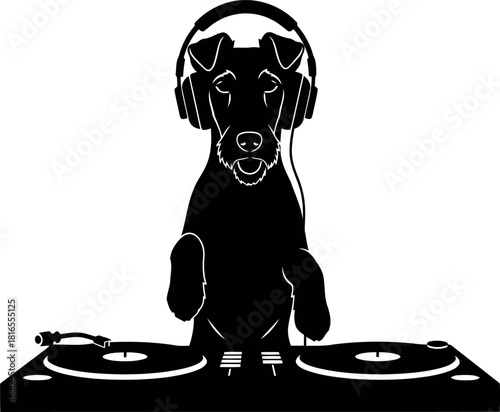 Dj dog silhouette with headphones turntables