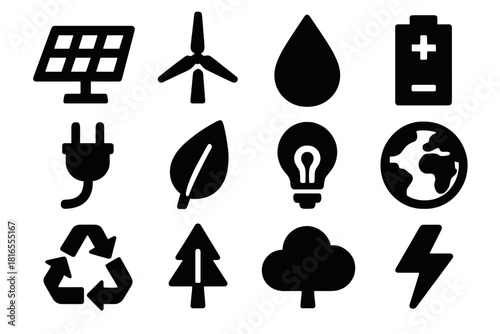 Eco Energy Icons. Eco-Friendly Energy silhouette icon set. solar panel, wind turbine, water droplet, battery, plug, leaf, light bulb, globe, recycling arrows, tree, cloud, spark.