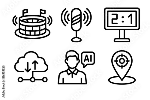 Smart Sports Icons. Smart Sports Environment Set linear icon set: connected stadium, sensor beacon, digital scoreboard, AI coach icon, cloud sync, training zone marker