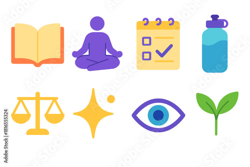Holistic Study Icons. Holistic study practices elements flat icon set: open book, meditation pose, planner page, water bottle, balanced scale, calm spark, focused eye, leaf sprout