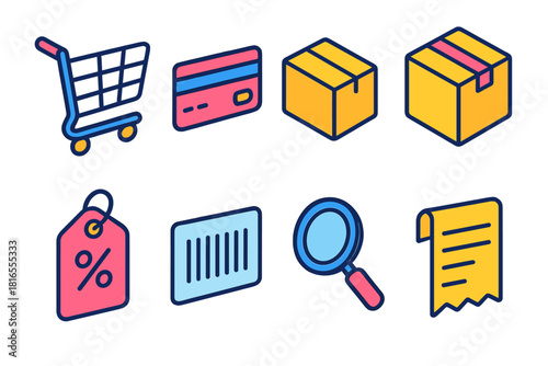 Isometric Shopping Icons. Online Shopping flat icon set: shopping cart, credit card, delivery box, laptop screen, discount tag, barcode, search icon, receipt