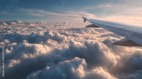 Airplane wing soaring above a beautiful sea of clouds during a golden sunset.