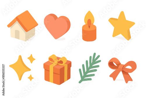 Joyful Home Icons. Joyful home flat icon set : home roof, heart, candle flame, star, sparkle, gift, pine twig, ribbon