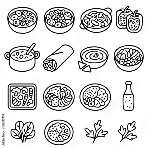 Healthy Meal Icons. Healthy Meal Creations linear icon set: smoothie bowl, grain salad, veggie stir-fry, stuffed peppers, soup pot, wrap sandwich, hummus dip, Buddha bowl, roasted