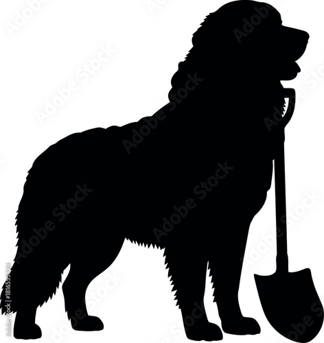 Newfoundland dog silhouette with shovel