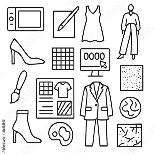 Digital Fashion Icon Grid. Contemporary Fashion Drawing linear icon set. tablet stylus, digital canvas, vector dress, gradient tones, abstract model, shoe detail, pattern grid