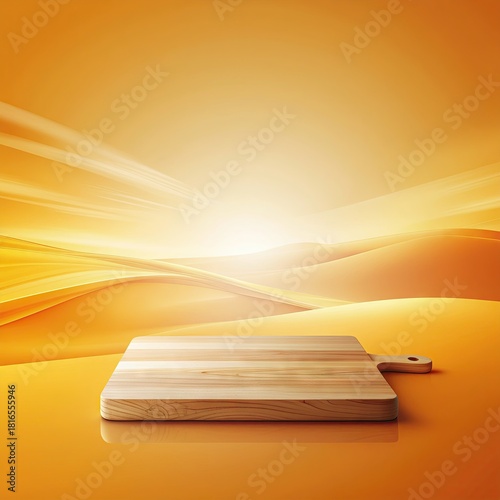 Wooden Cutting Board Centered On A Reflective Orange Background With Abstract Light Streaks In The Distance