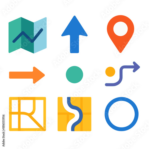 Minimalist Navigation Icons. Situational Navigation flat icon set: map fold, orientation arrow, location pin, trail cue, direction stripe, reference dot, path grid, navigation ring