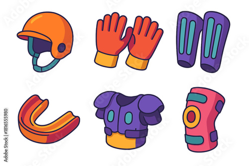 Isometric Protective Gear Icons. Protective Equipment flat icon set: helmet, gloves, shin guards, mouthguard, pads, knee brace