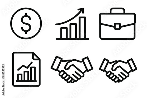 Business Icon Set. Business investment linear icon set. dollar coin, bar chart, briefcase, upward arrow, document chart, handshake.