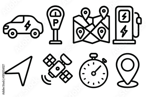 Urban Mobility Icons. Urban Mobility linear icon set: electric car, parking meter, smart city map, charging station, navigation arrow, satellite, timer, location tag