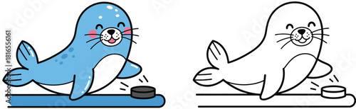 Cute cartoon seal playing ice hockey vector illustration. Kawaii animal character hitting a puck. Isolated icon with coloring page outline version for kids.