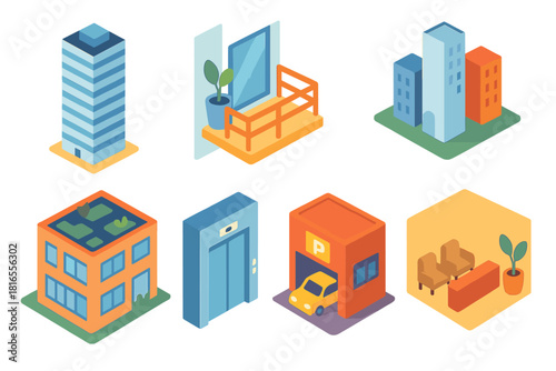 Modern Apartment Icons. Modern Apartments flat icons set. skyscraper, balcony, city skyline, rooftop garden, parking garage, elevator, glass facade, lobby