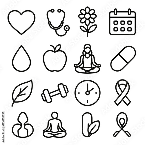 Women's Health Icons. Women’s Health linear icon set: heart, stethoscope, flower, calendar, water droplet, apple, yoga pose, pill, leaf, dumbbell, clock, ribbon