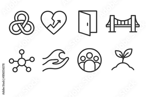 Community Support Icons. Community Support Concepts linear icon set: unity loop, resilience heart, open door, bridge span, collaboration nodes, care wave, harmony circle, growth