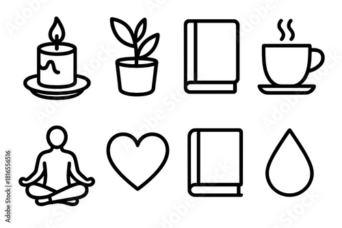 Mindful Icons Collection. Mindful Living Collection linear icon set: candle, plant, journal, tea cup, yoga pose, heart, book, water drop