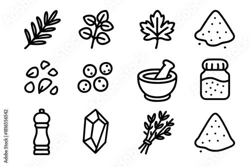 Herbal Blend Icons. Herbal and Aromatic Blends linear icon set: rosemary twig, oregano flakes, parsley leaf, garlic powder, chili flakes, coriander seeds, mortar and pestle, herb