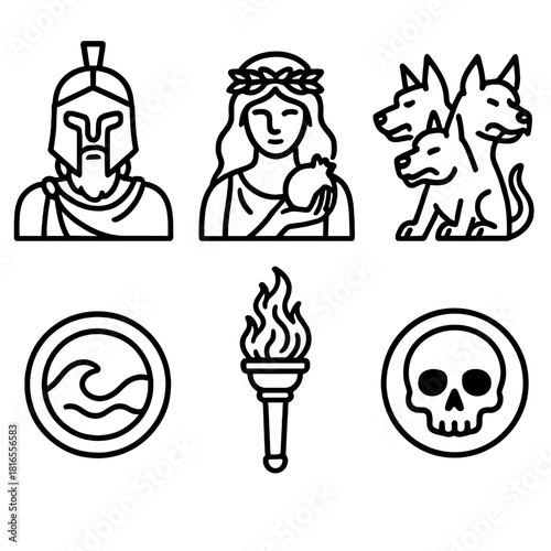 Underworld Icon Set. Underworld Powers linear icon set: Hades with helm, Persephone with pomegranate, Cerberus, river Styx symbol, torch of souls, skull emblem