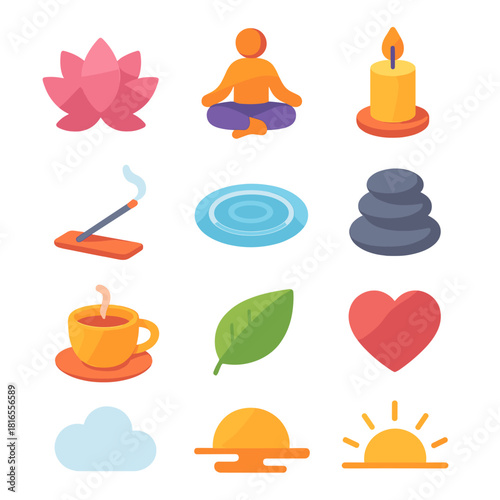 Isometric Calm Essentials. Calm practice essentials flat icons set. lotus flower, meditation pose, candle, incense stick, water ripple, pebble stack, journal, tea cup, leaf, soft