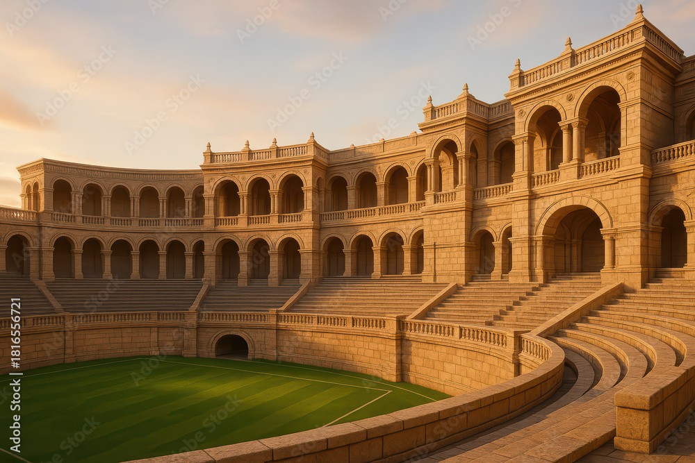 Obraz premium Ancient stone amphitheater with arched architecture and tiered seating under warm sunset sky, evoking peaceful and historic atmosphere