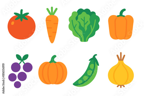 Vibrant Garden Harvest. Garden Produce flat icon set: tomato, carrot, lettuce head, pepper, berry cluster, pumpkin, bean pod, onion bulb