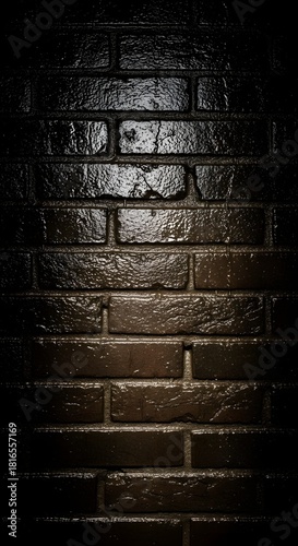 Dark wet vintage brick wall with glossy moisture and aged textured cracks. Dramatic cinematic atmosphere suitable for podcast backgrounds, film scenes, and desktop wallpapers