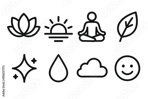 Mindful Icons Collection. Mindful Moments linear icon set. lotus flower, sunrise, meditating figure, leaf, sparkle, water droplet, cloud, smile face