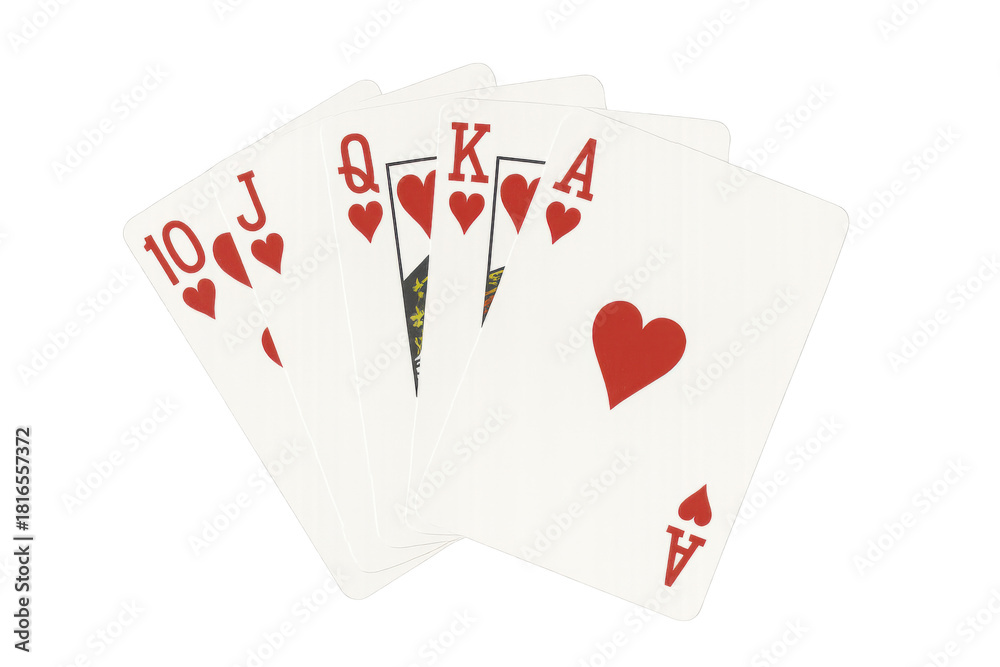 Obraz premium Royal flush of hearts playing cards, showing a winning hand for gambling, poker, and casino games with luck and success