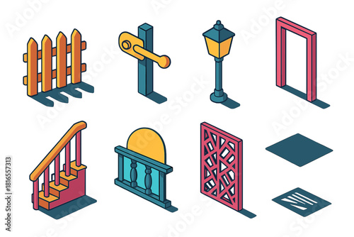 Vibrant Outdoor Installations. Outdoor Installations flat icons set. garden fence, gate latch, lamp post, door frame, stair rail, balcony view, pattern panel, shadow cast