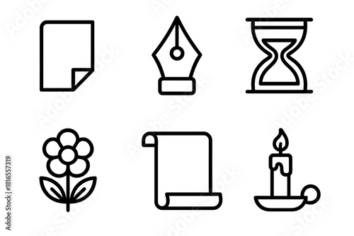 Chapter Icon Designs. Transition Chapter Icons linear icon set. folded page, pen nib, hourglass, flower, scroll, candlelight