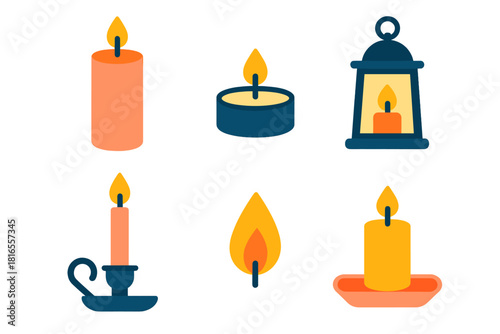 Modern Candle Icons. Decorative Candles flat icon set: Pillar Candle, Tealight, Lantern, Candle Holder, Flame, Tray