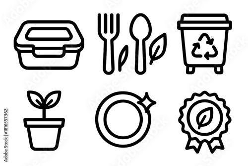 Eco Dining Icons. Eco Dining linear icon set: reusable container, bamboo cutlery, green leaf, compost bin, plant icon, clean plate, eco badge, sprout