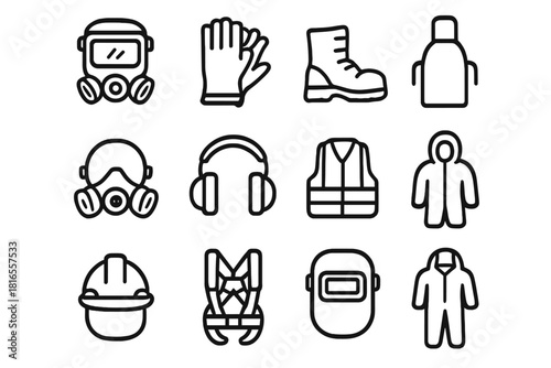 Industrial Safety Icons. Industrial Protective Gear linear icon set: full-face mask, gloves, steel boots, respirator, hearing protection, apron, helmet, safety vest, goggles