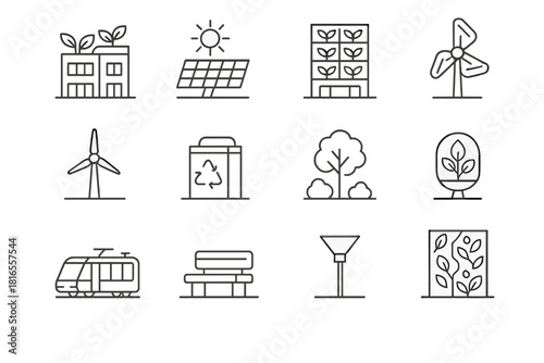 Sustainable Urban Icons. Eco-tech metropolis linear icon set: rooftop garden, solar road, vertical farm, clean transport hub, wind turbine, recycling unit, green plaza, autonomous