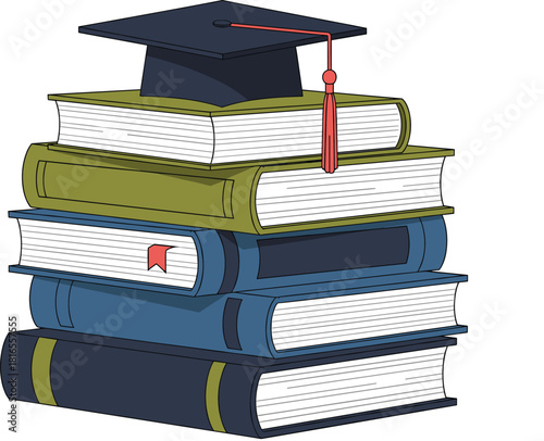Graduation cap and tassel placed on a large stack of books, symbolizing academic success, higher education, research, knowledge acquisition, and learning achievement.