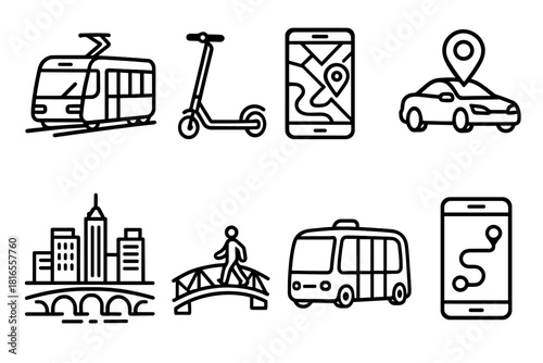 Modern Transit Icons. Modern Urban Transit linear icon set: light rail, smart scooter, digital map, app-based ride, autonomous shuttle, city skyline, pedestrian bridge, route