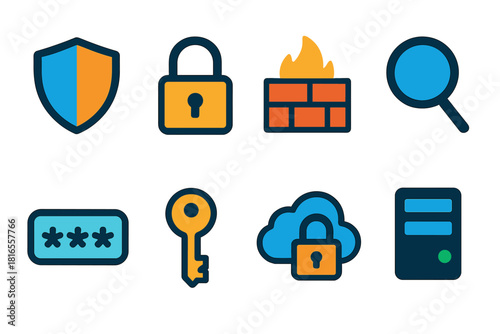 Cybersecurity Icons. Cybersecurity foundations elements flat icon set: shield symbol, lock icon, firewall, magnifying glass, password, encryption key, data cloud, secure server
