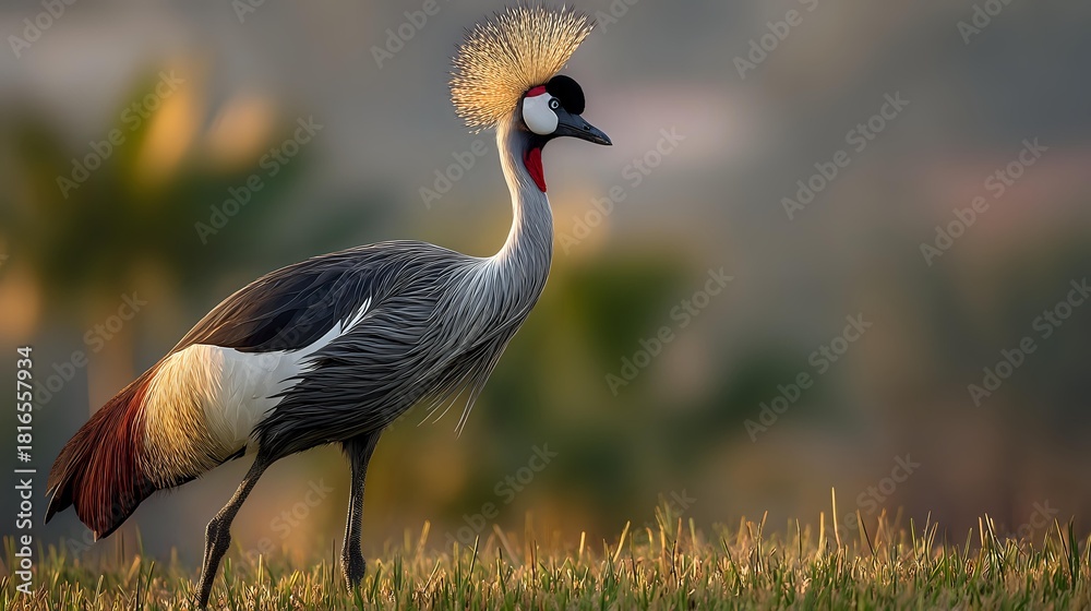 Naklejka premium Grey crowned crane with distinctive golden crest standing in golden grass at sunset, showcasing elegant profile against blurred natural background.