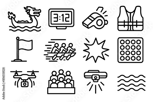 Dragon Boat Icons. Modern Dragon Boat Competition linear icon set. sleek dragon boat, digital timer, starting whistle, life jacket, sponsor flag, motion lines, paddle team, energy