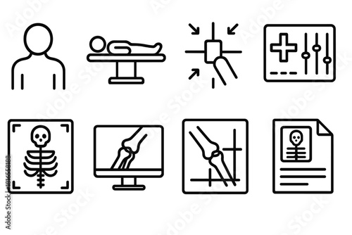 X-ray Workflow Icons. X-ray doctor workflow linear icon set: patient outline, scan table, positioning markers, radiology panel, bone highlight, review window, measurement lines